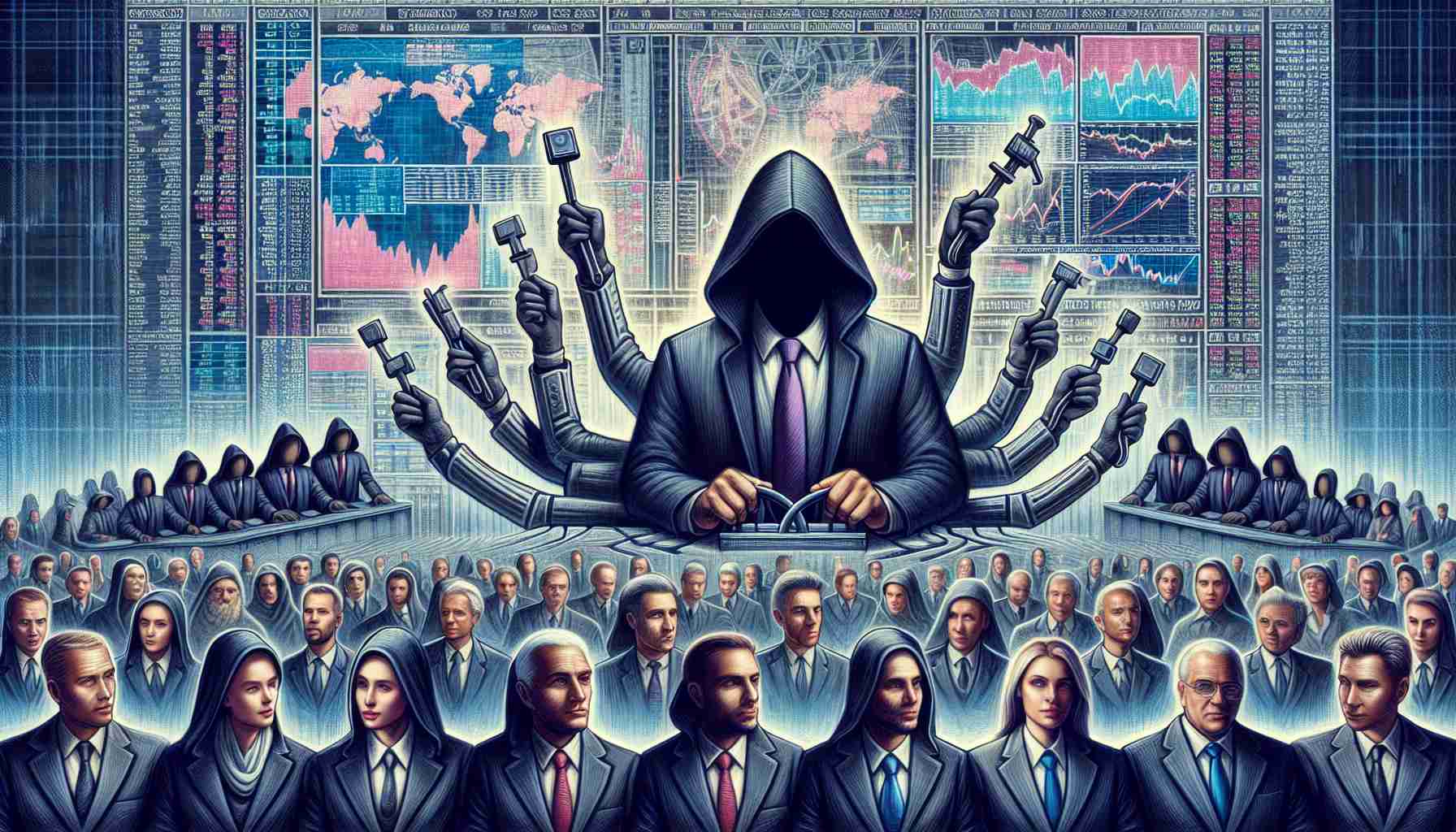 A detailed and high-definition image of the metaphorical representation of secret powers operating behind the scenes at a major stock exchange. The image contains mysterious figures holding levers of power and information not visible to regular investors. They are seen against an intricate backdrop of charts, graphs, and ticker tapes indicating the flow of global financial markets. No specific real individuals or identifiable figures are depicted - it's all purely illustrative. All figures are of various descents such as Black, Hispanic, Middle-Eastern, Caucasian, and South Asian, promoting diversity and inclusivity.